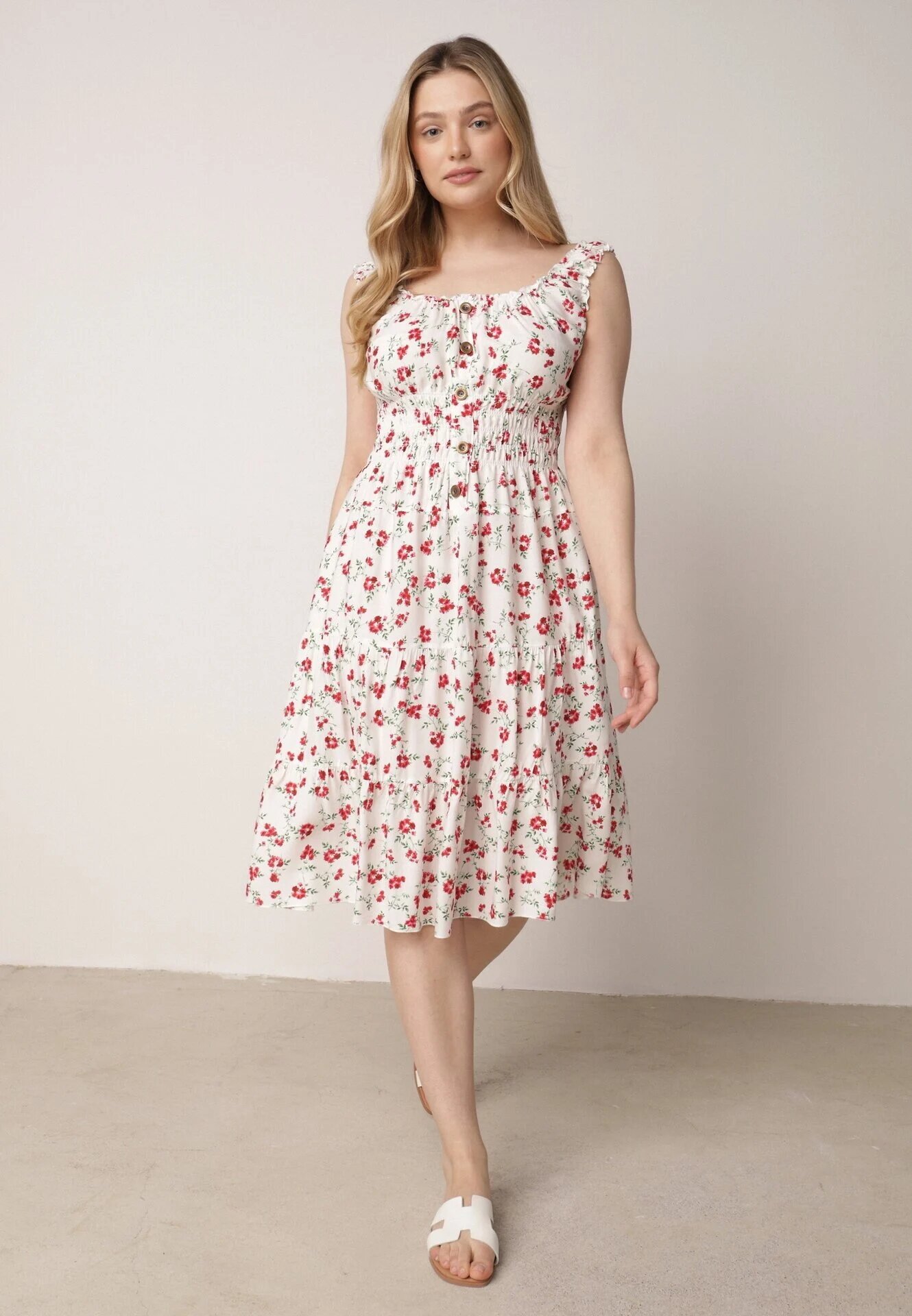 defox Rochie Alb-Roșie Cloș cu bretele florală Tallio