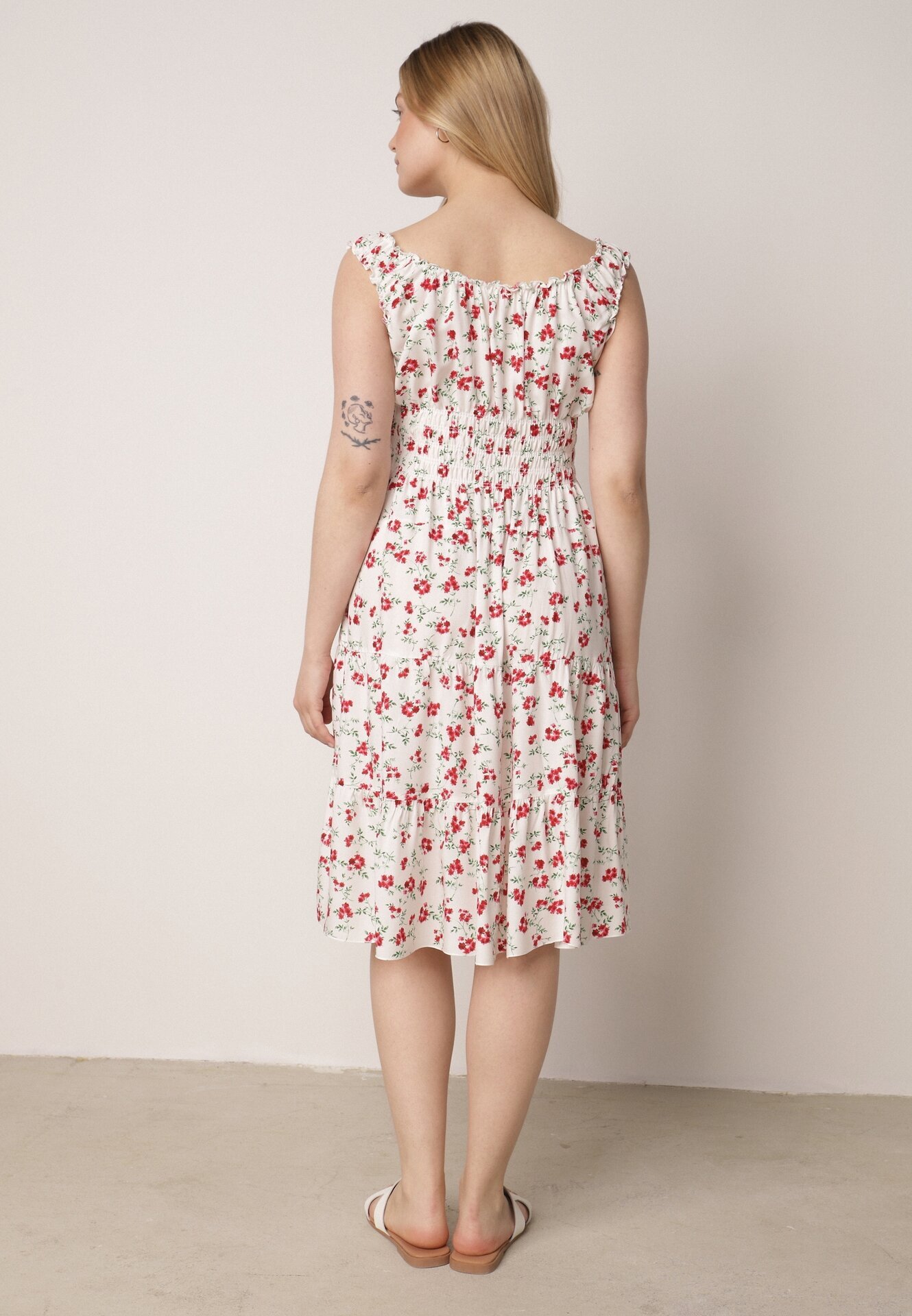 defox Rochie Alb-Roșie Cloș cu bretele florală Tallio