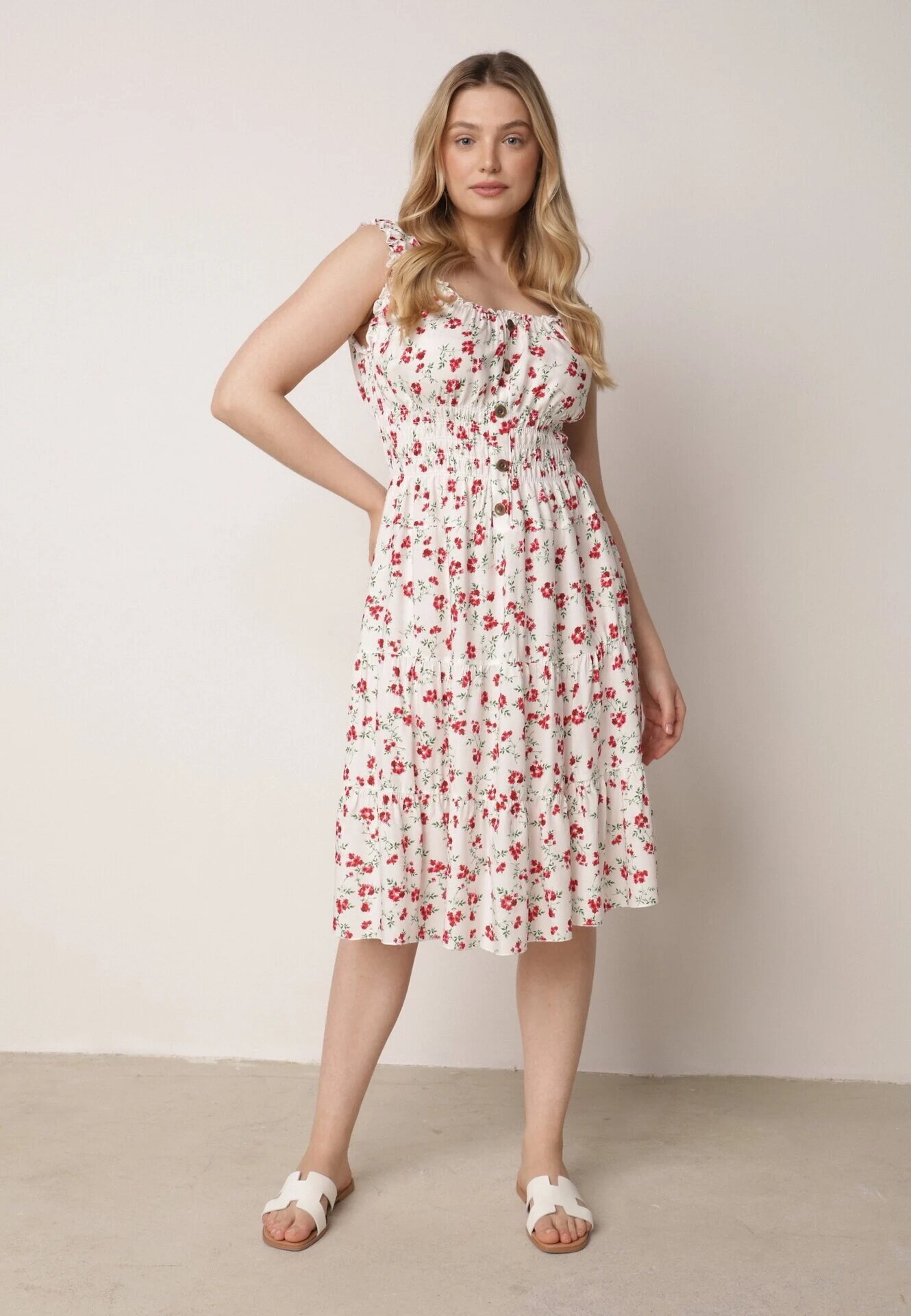 defox Rochie Alb-Roșie Cloș cu bretele florală Tallio