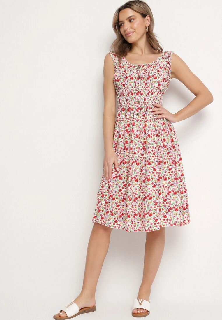 defox Rochie Alb-Roz din Bumbac Cloș cu Imprimeu Floral cu Nasturi Ronzea