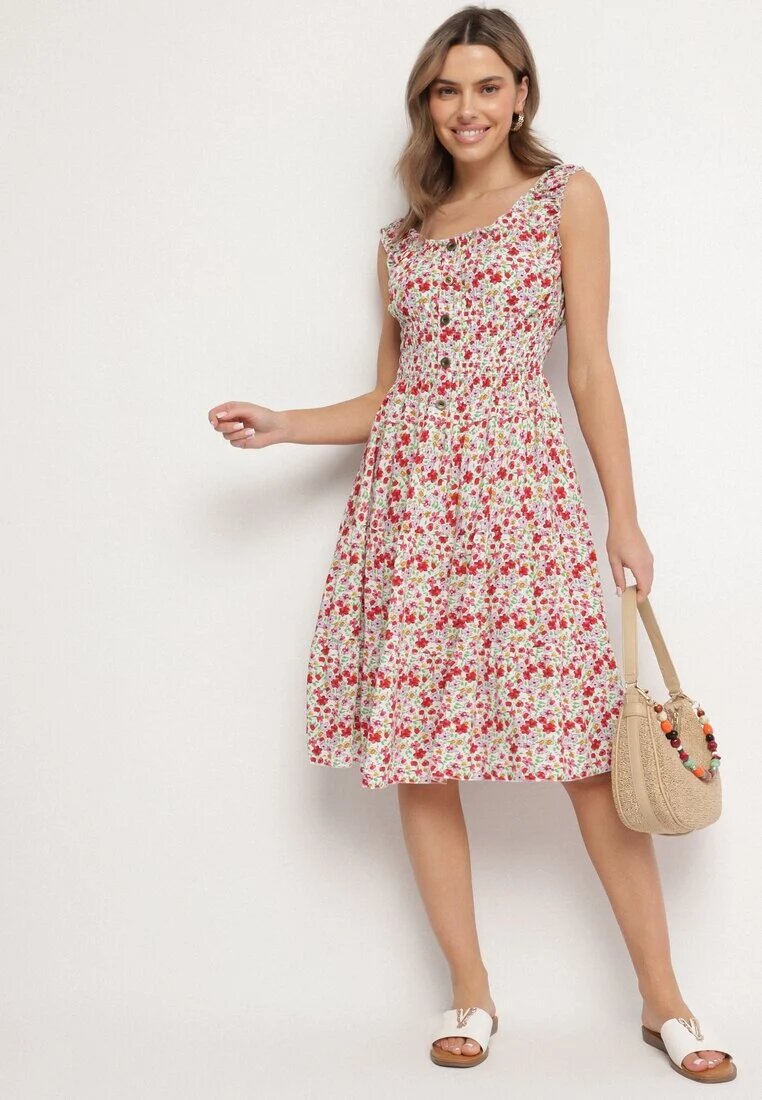 defox Rochie Alb-Roz din Bumbac Cloș cu Imprimeu Floral cu Nasturi Ronzea