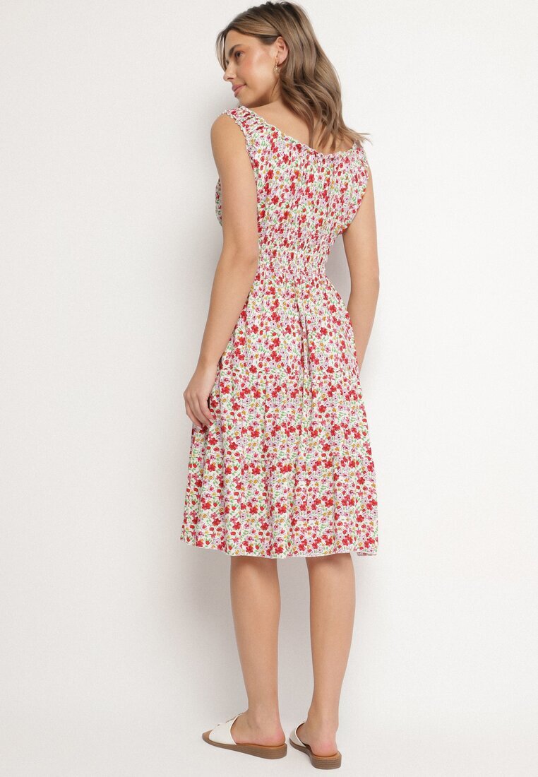 defox Rochie Alb-Roz din Bumbac Cloș cu Imprimeu Floral cu Nasturi Ronzea