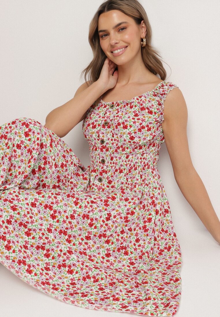 defox Rochie Alb-Roz din Bumbac Cloș cu Imprimeu Floral cu Nasturi Ronzea