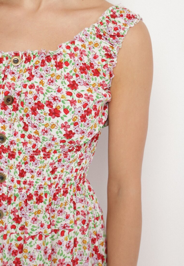 defox Rochie Alb-Roz din Bumbac Cloș cu Imprimeu Floral cu Nasturi Ronzea