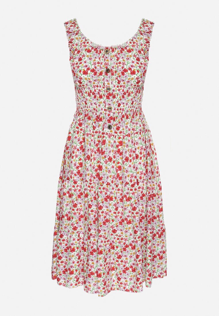 defox Rochie Alb-Roz din Bumbac Cloș cu Imprimeu Floral cu Nasturi Ronzea