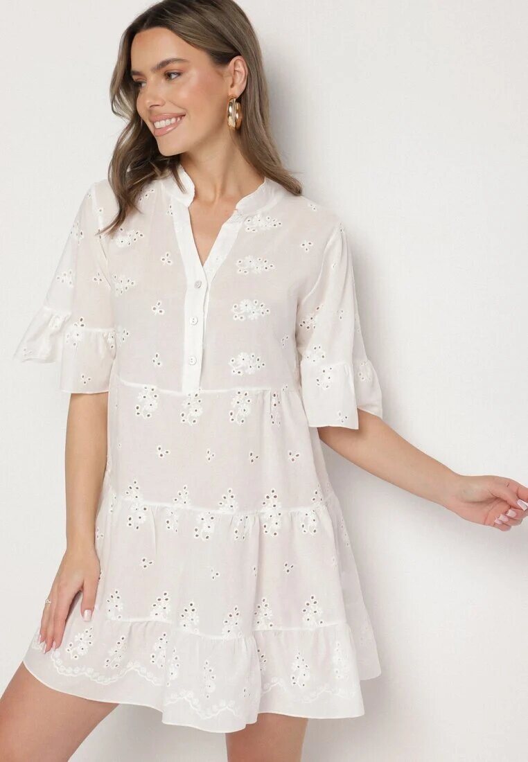 defox Rochie Albă din bumbac cu țesătură brodată cu croială tip cămașă cu volane Filidwena