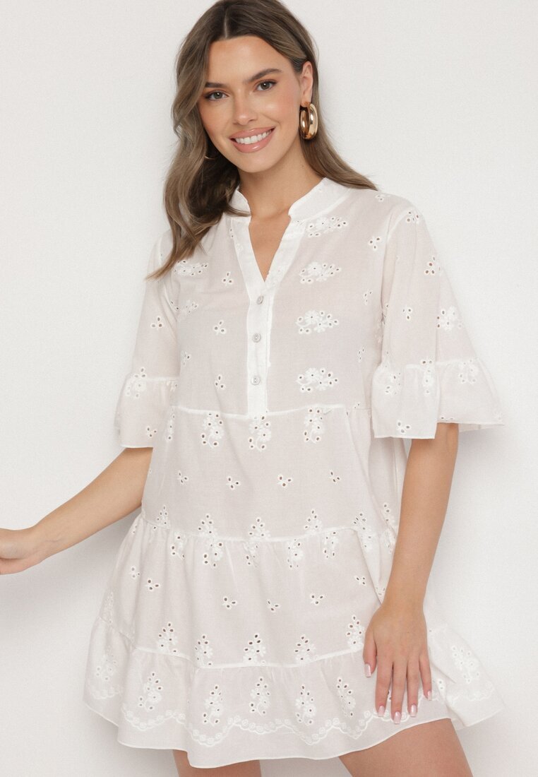 defox Rochie Albă din bumbac cu țesătură brodată cu croială tip cămașă cu volane Filidwena