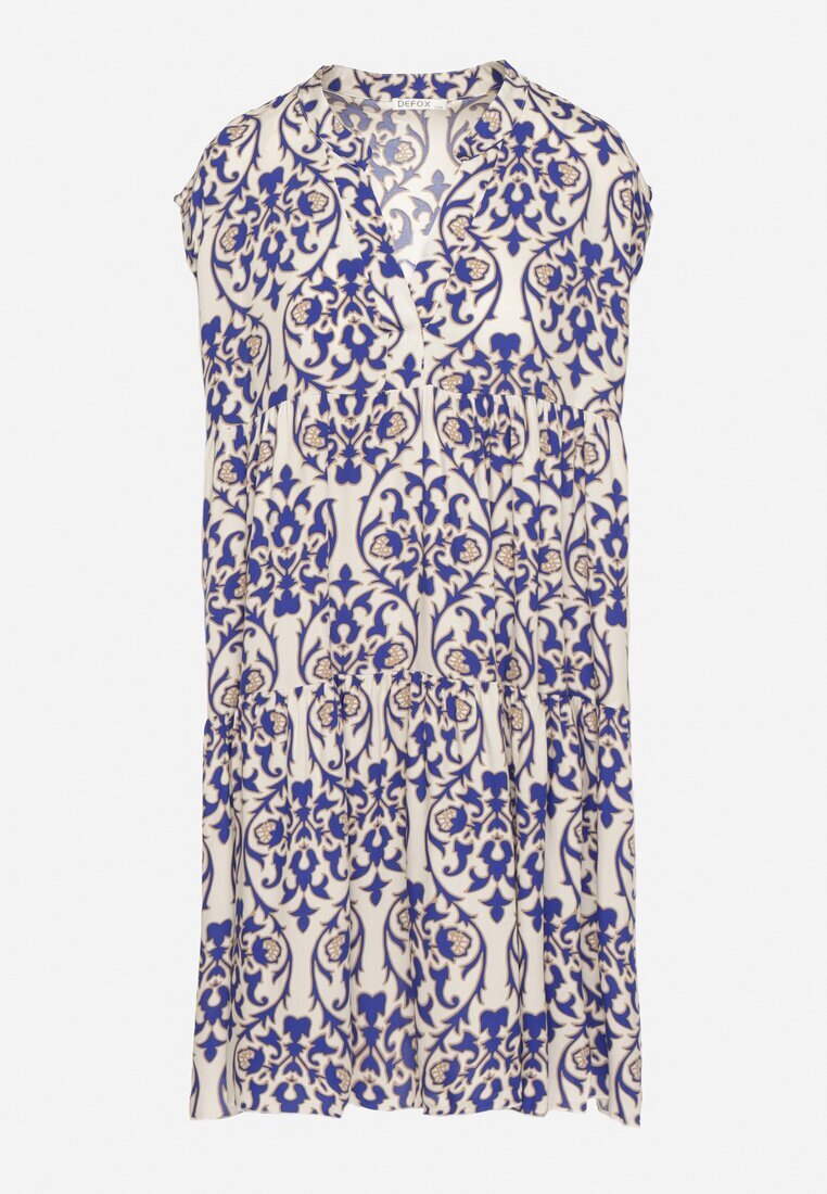 defox Rochie Albastră de Bumbac cu Croi Evazat Decorată cu Volan Linola