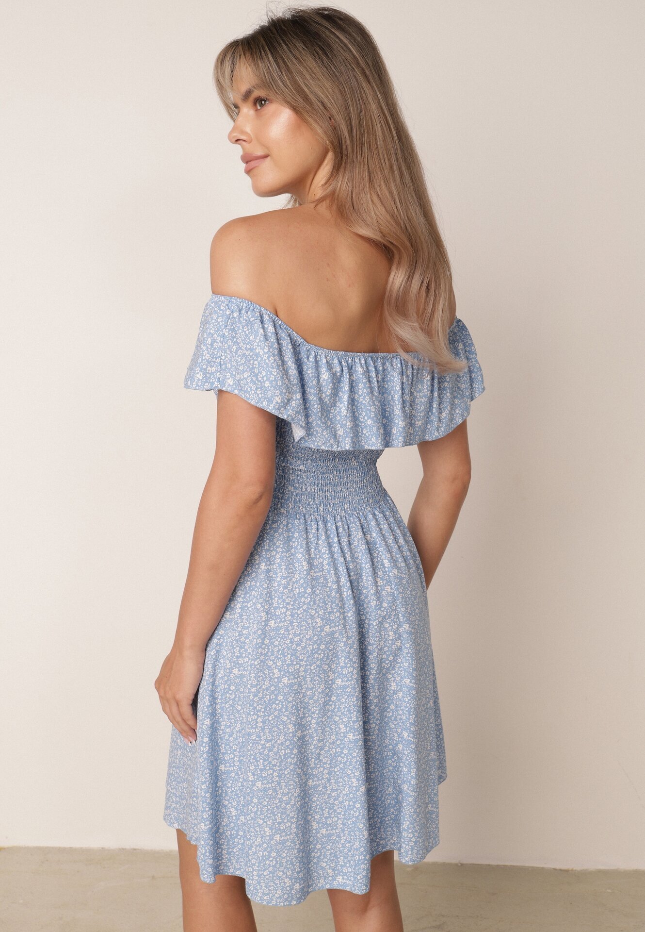 defox Rochie albastră de bumbac cu decolteu spaniol și top încrețit cu imprimeu floral Samorea