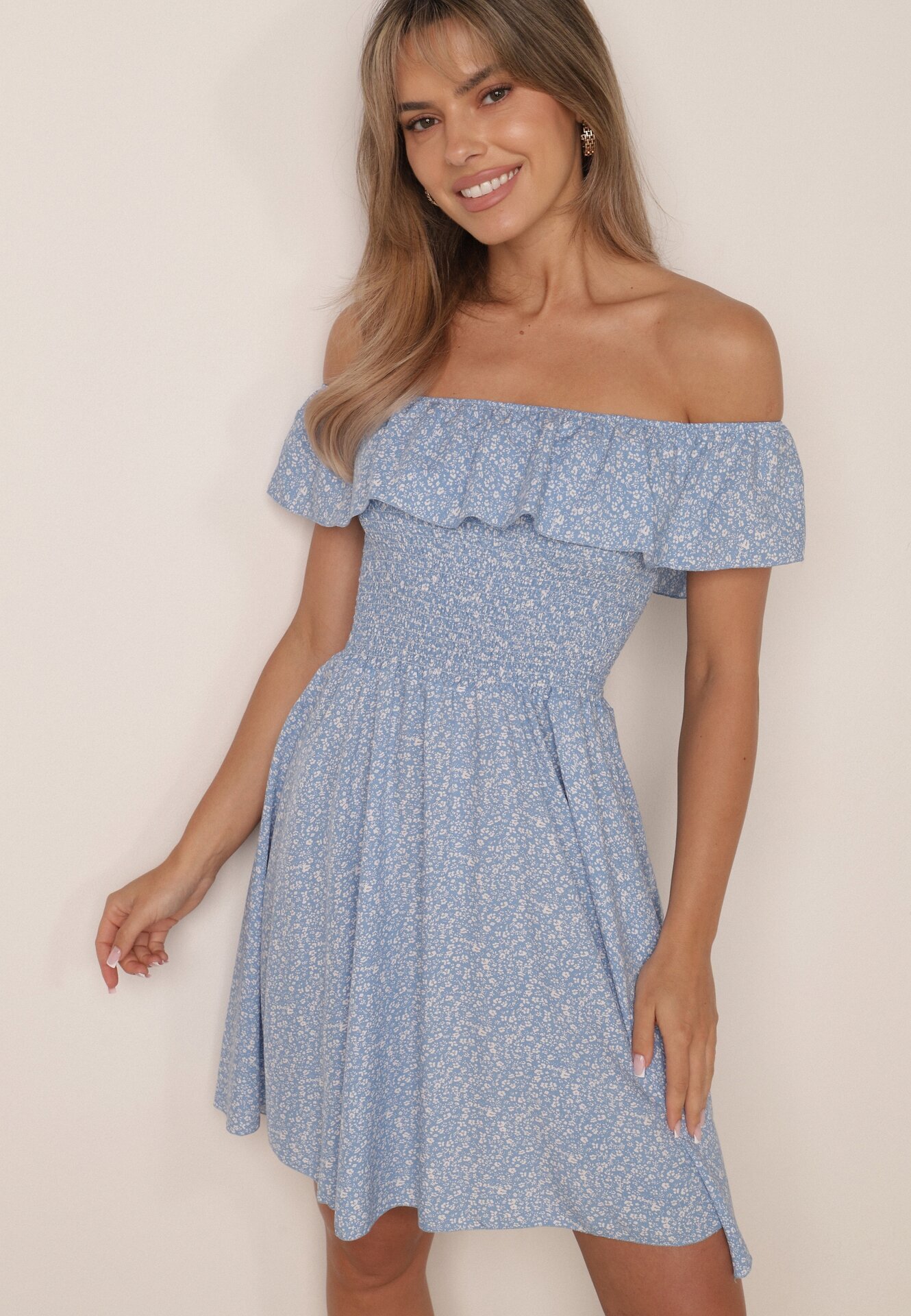 defox Rochie albastră de bumbac cu decolteu spaniol și top încrețit cu imprimeu floral Samorea