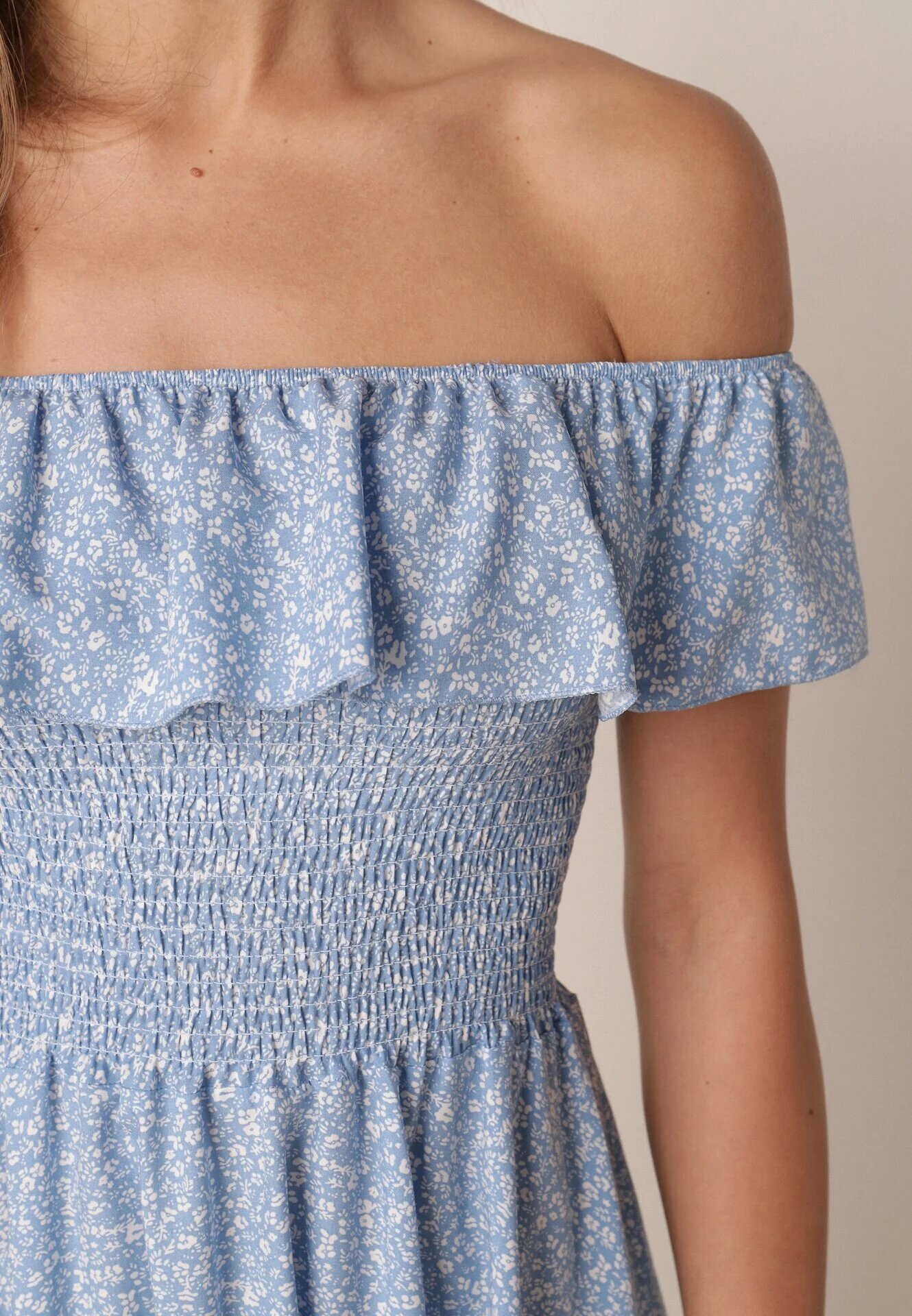 defox Rochie albastră de bumbac cu decolteu spaniol și top încrețit cu imprimeu floral Samorea