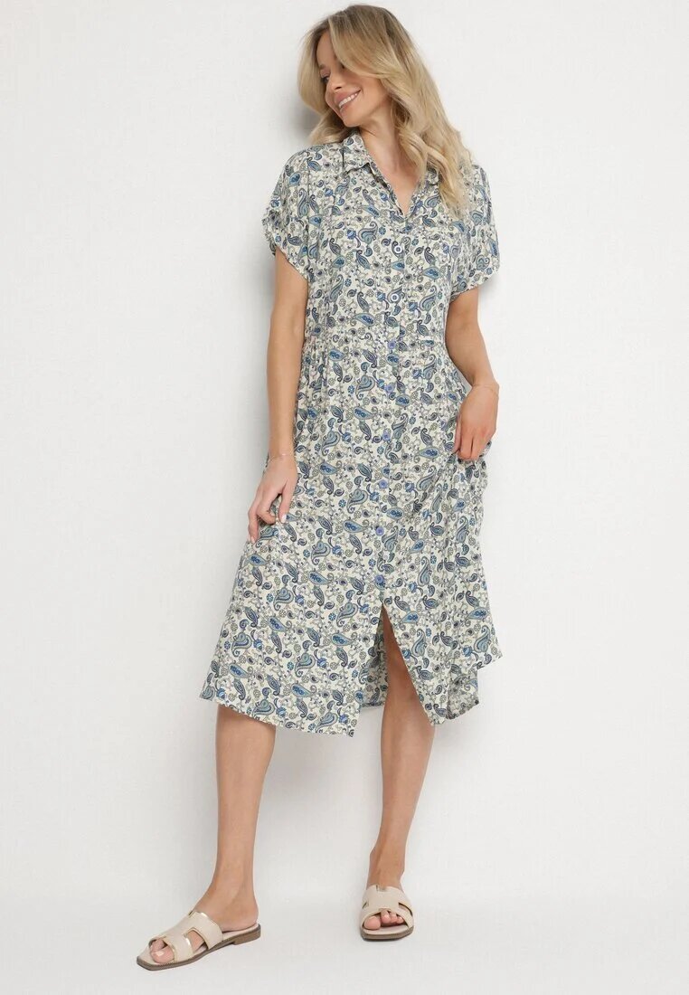 defox Rochie Albastră de Bumbac Tip cămașă cu model Paisley Aelluria
