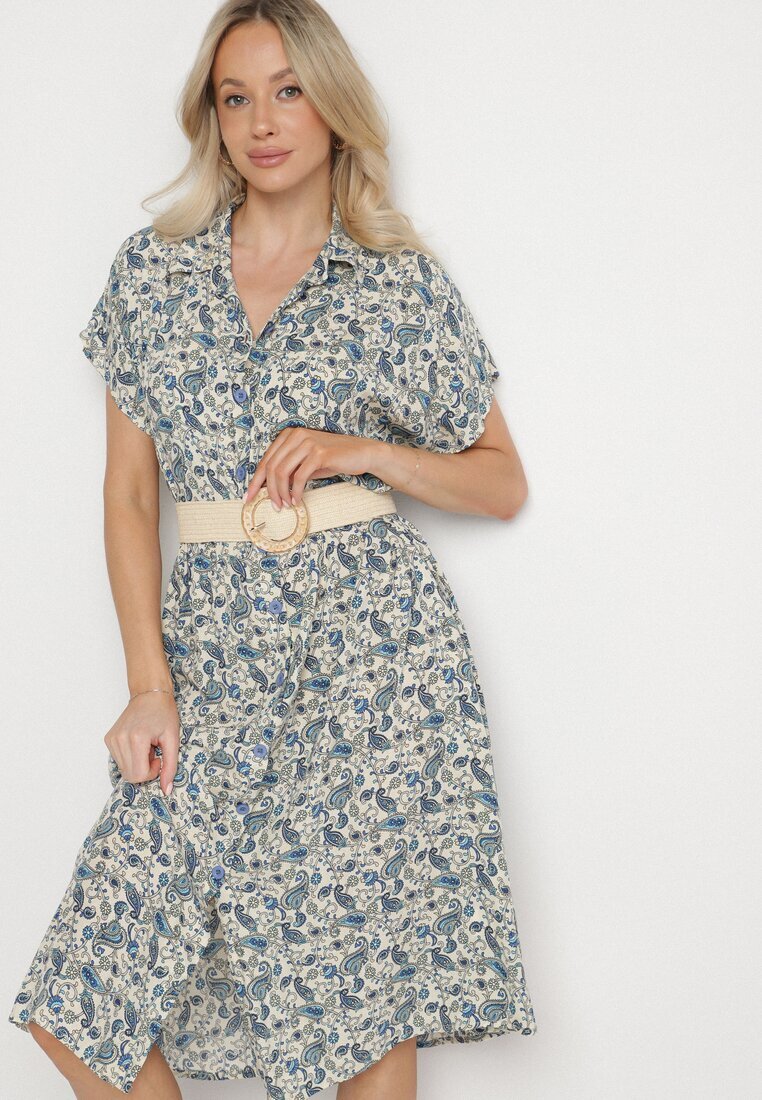 defox Rochie Albastră de Bumbac Tip cămașă cu model Paisley Aelluria