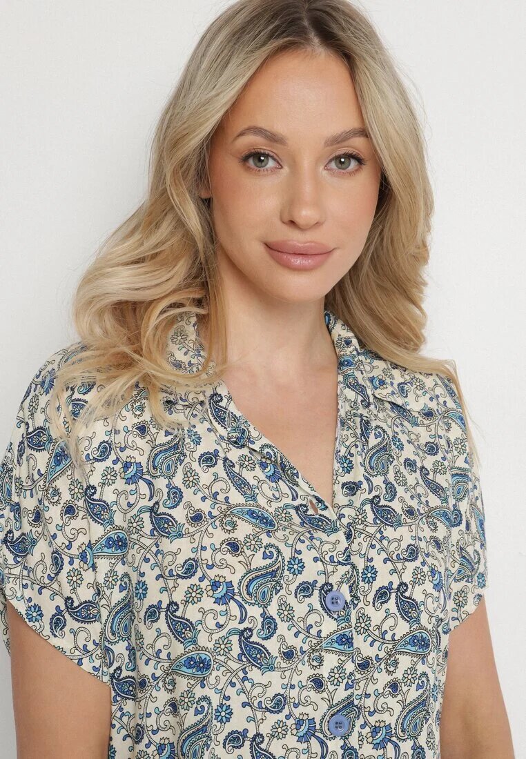 defox Rochie Albastră de Bumbac Tip cămașă cu model Paisley Aelluria
