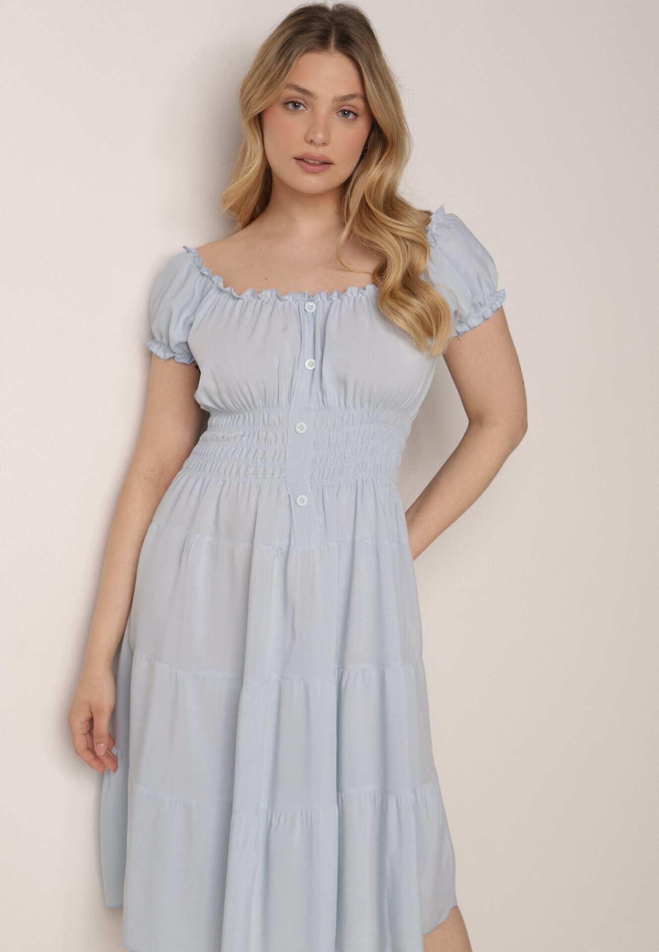 defox Rochie albastră deschisă de bumbac evazată cu nasturi și mâneci bufante Annivi