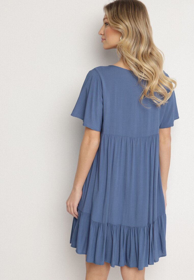 defox Rochie Albastră din Bumbac cu croială evazată cu legătură la decolteu Mepilea