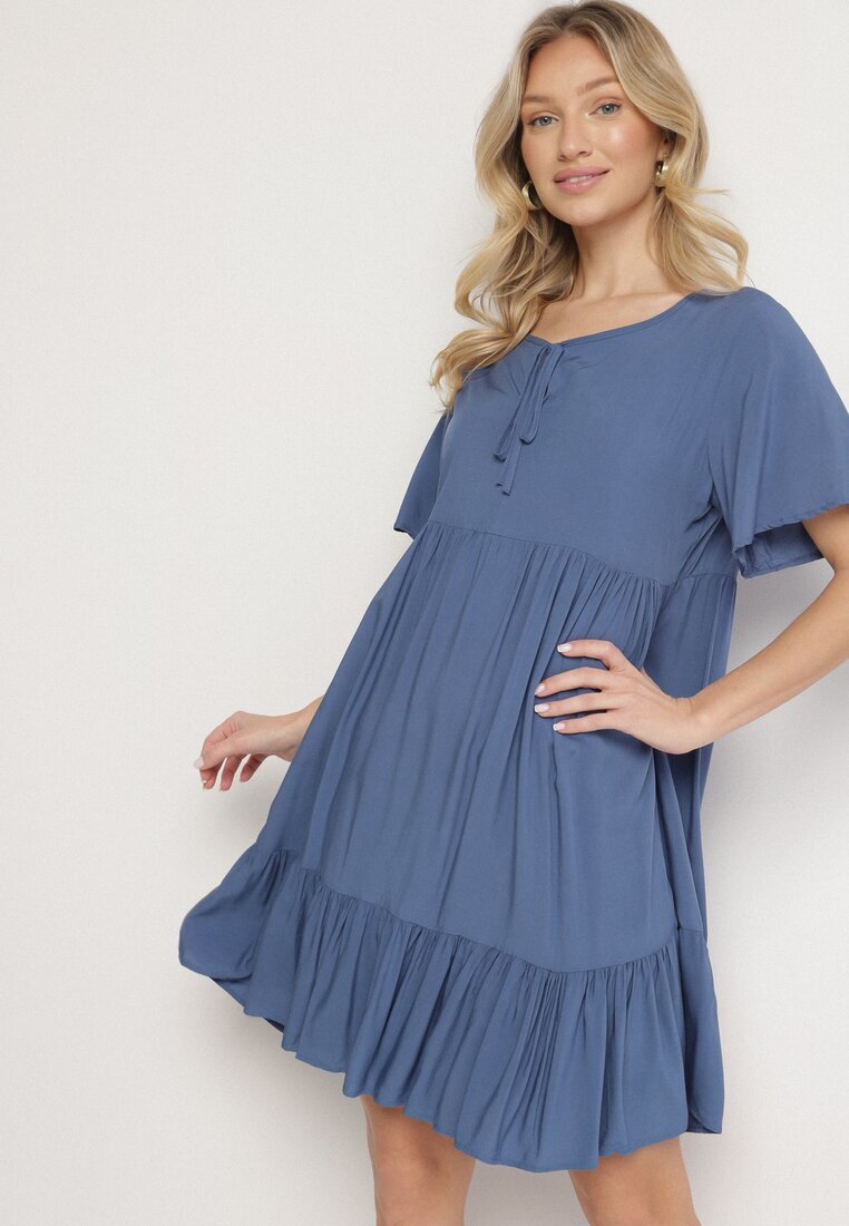 defox Rochie Albastră din Bumbac cu croială evazată cu legătură la decolteu Mepilea