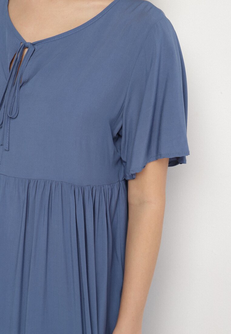defox Rochie Albastră din Bumbac cu croială evazată cu legătură la decolteu Mepilea