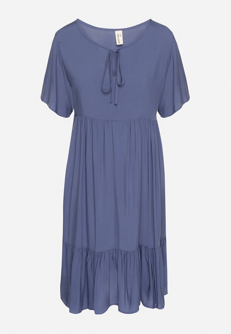 defox Rochie Albastră din Bumbac cu croială evazată cu legătură la decolteu Mepilea