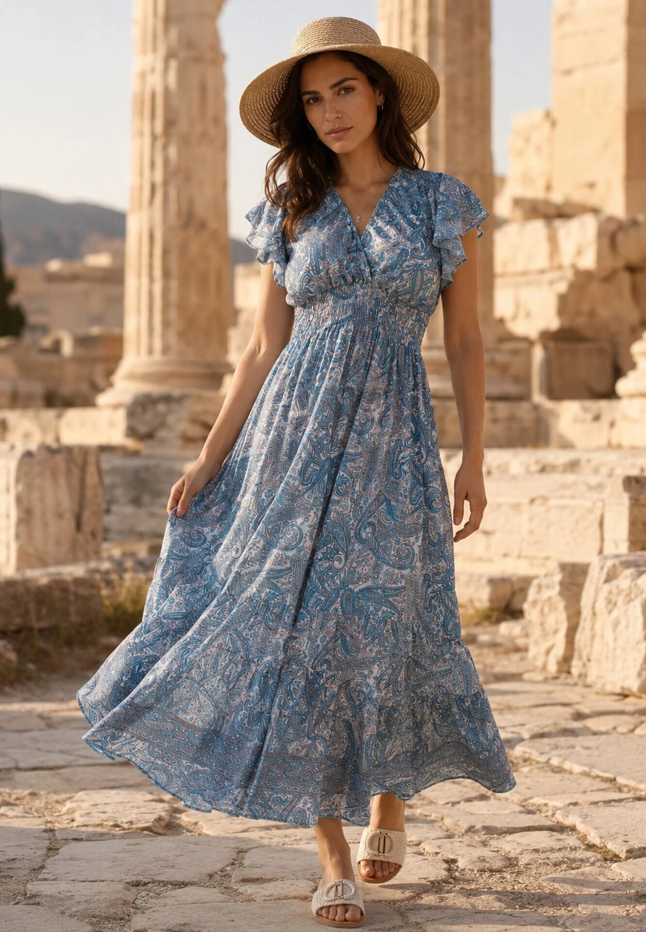 defox Rochie Albastră Evazată Petrecută din Bumbac cu model Paisley cu elastic în talie Zonne
