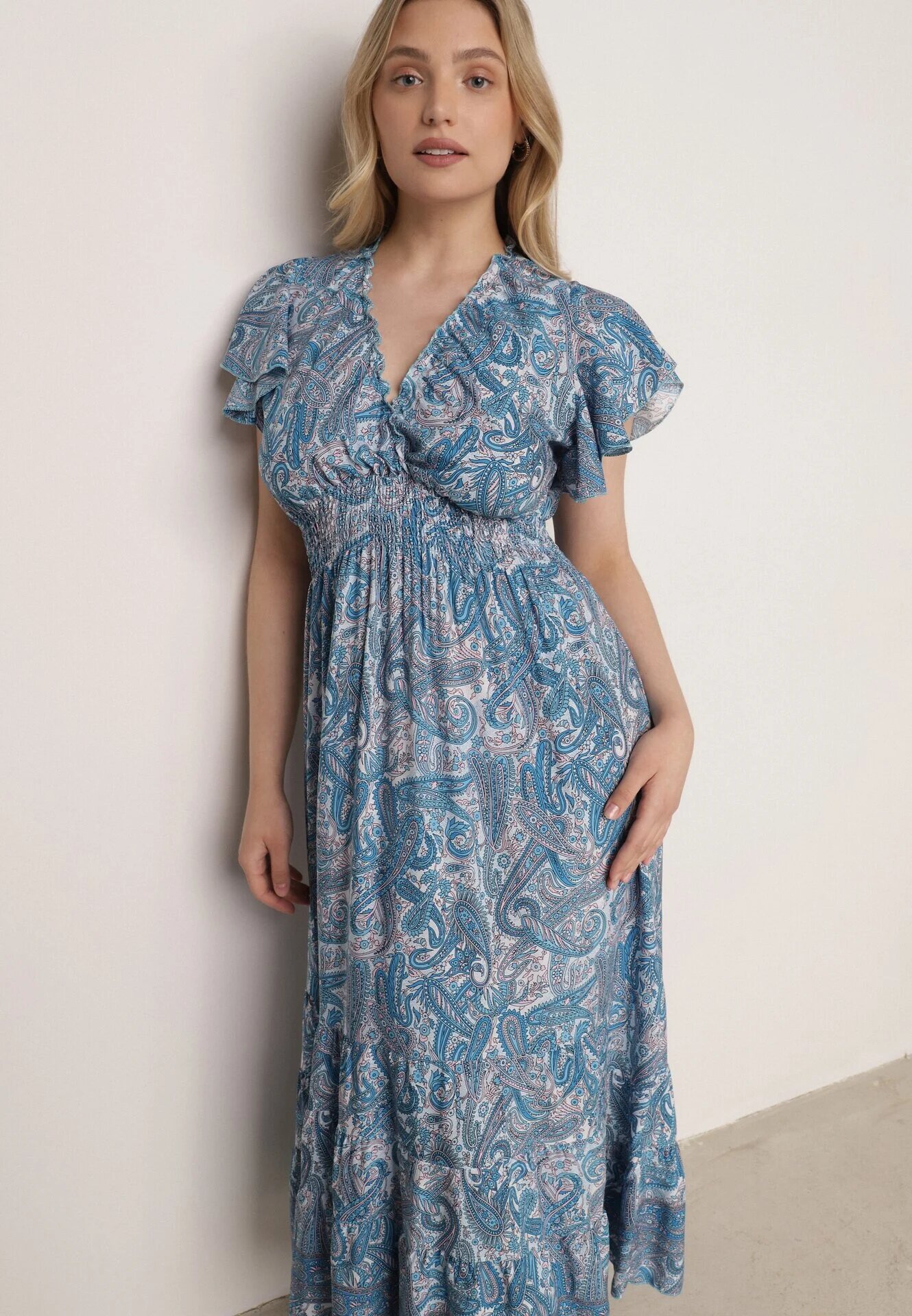 defox Rochie Albastră Evazată Petrecută din Bumbac cu model Paisley cu elastic în talie Zonne
