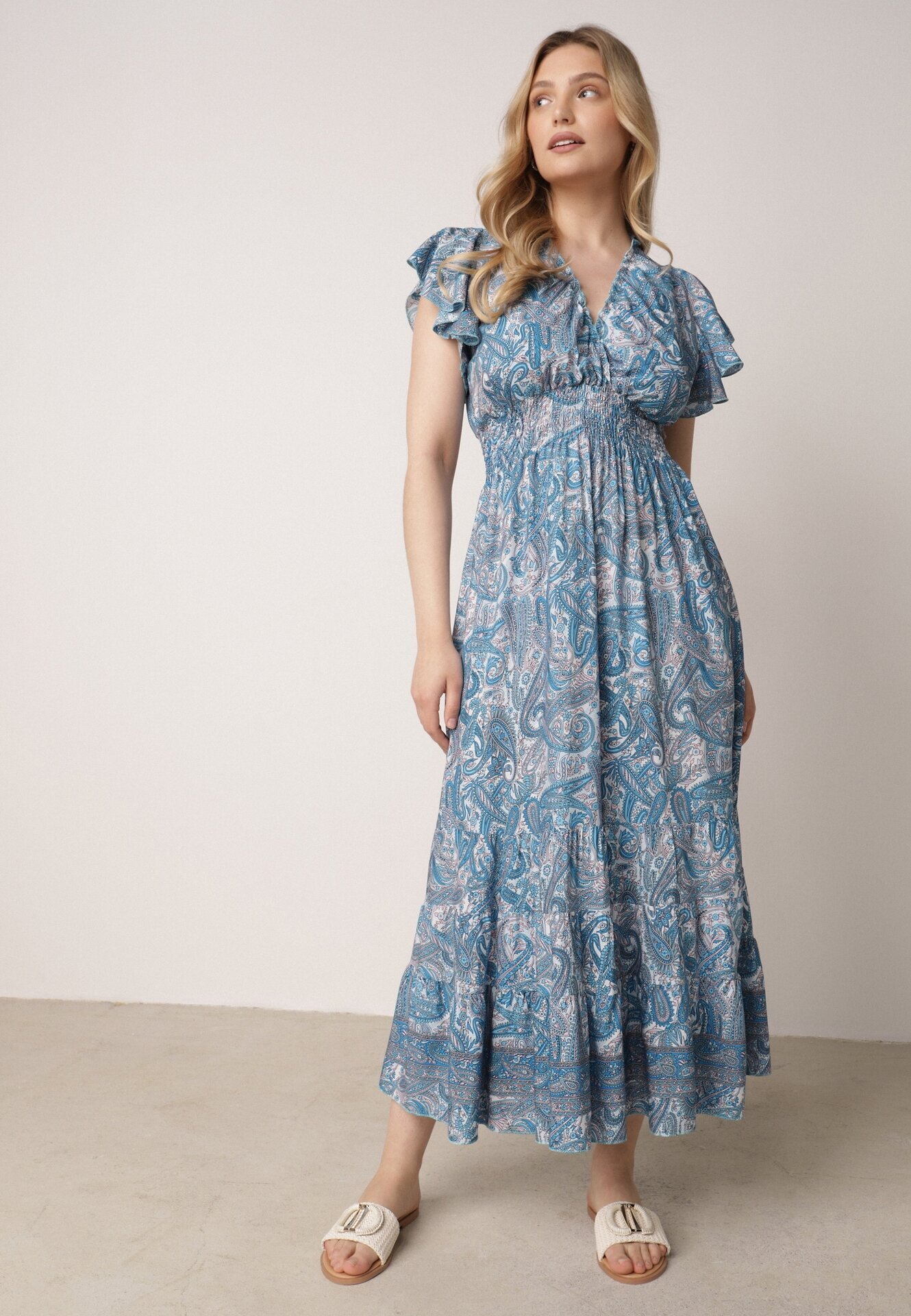 defox Rochie Albastră Evazată Petrecută din Bumbac cu model Paisley cu elastic în talie Zonne