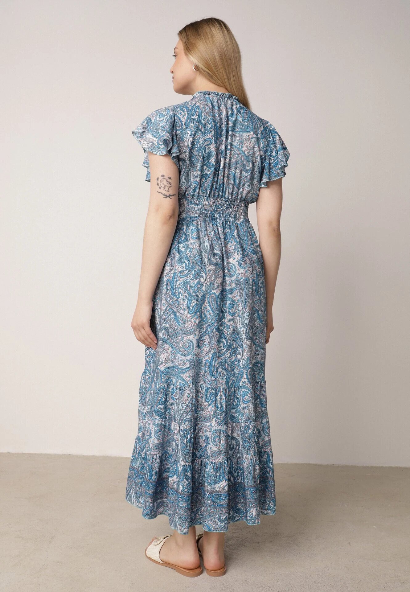 defox Rochie Albastră Evazată Petrecută din Bumbac cu model Paisley cu elastic în talie Zonne