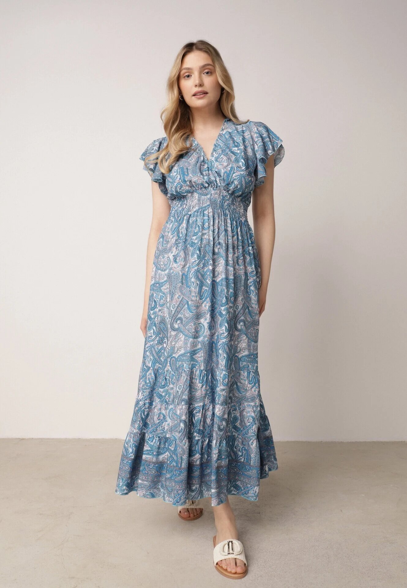 defox Rochie Albastră Evazată Petrecută din Bumbac cu model Paisley cu elastic în talie Zonne