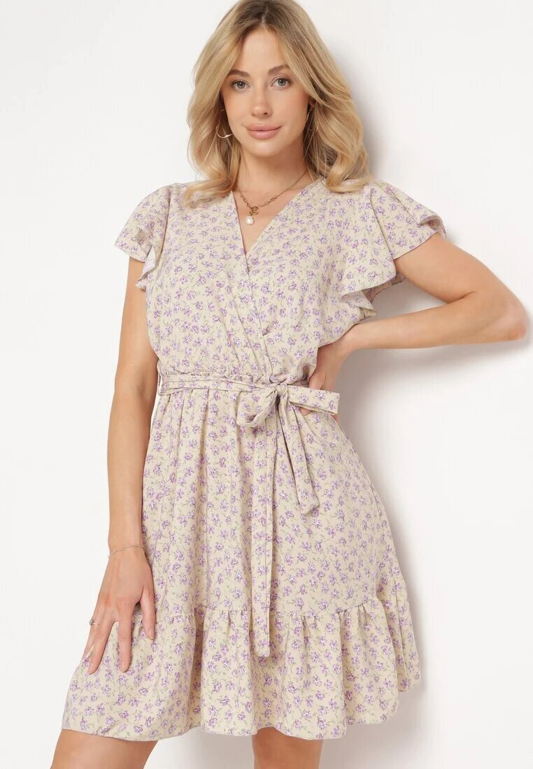 defox Rochie Bej cu flori cu elastic în talie și curea din material decorată cu volane Monnesa