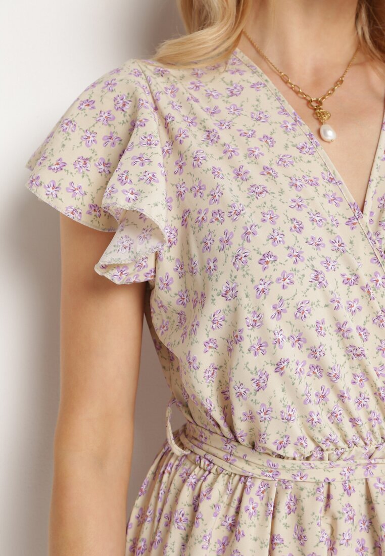 defox Rochie Bej cu flori cu elastic în talie și curea din material decorată cu volane Monnesa