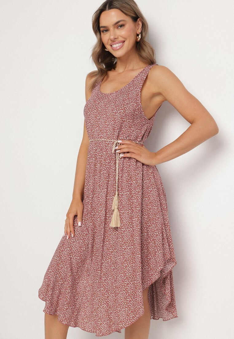defox Rochie Bej Evazată din Bumbac cu Imprimeu Abstract Ronive