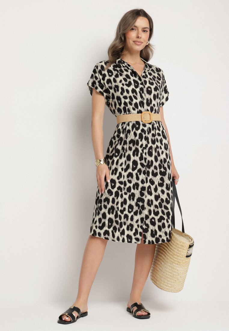 defox Rochie Bej-Neagră Din bumbac Croială tip cămașă Cu buzunare Leopard Iffanea