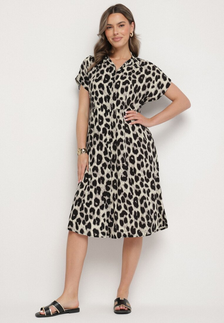 defox Rochie Bej-Neagră Din bumbac Croială tip cămașă Cu buzunare Leopard Iffanea