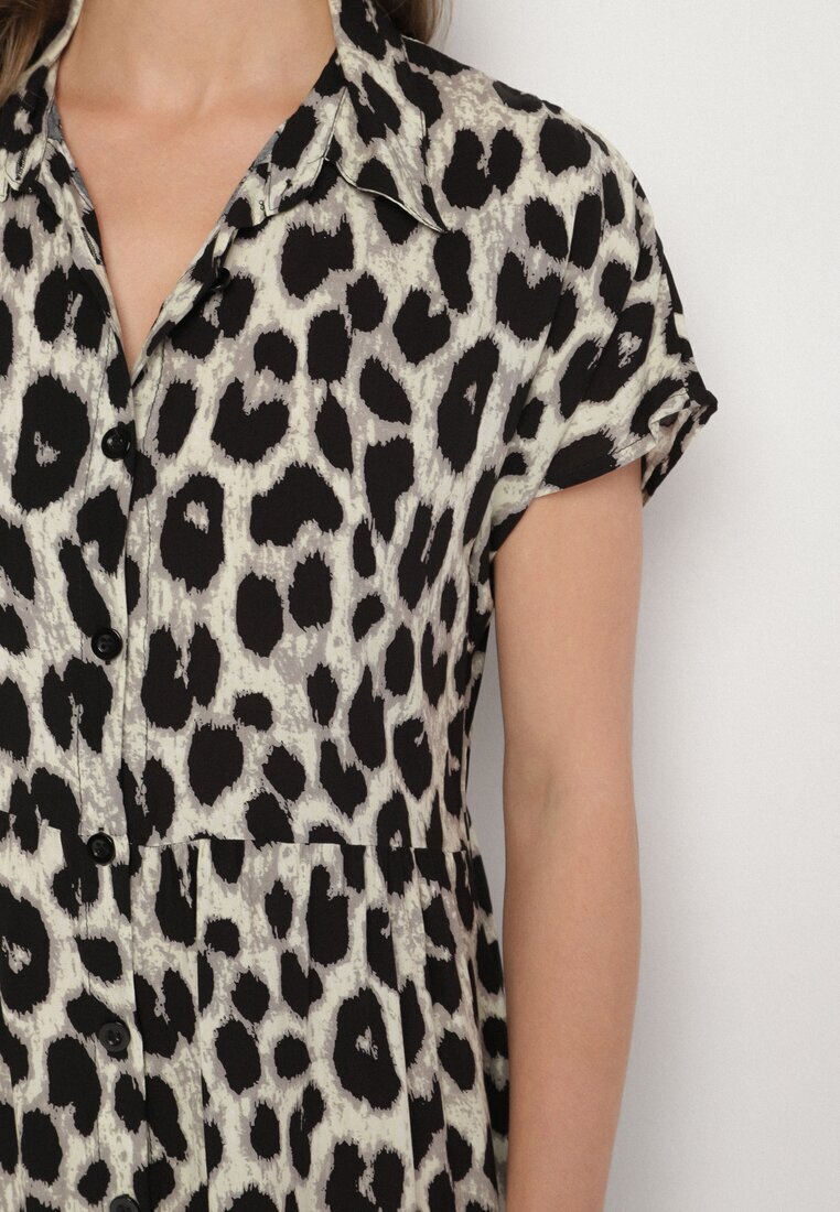 defox Rochie Bej-Neagră Din bumbac Croială tip cămașă Cu buzunare Leopard Iffanea