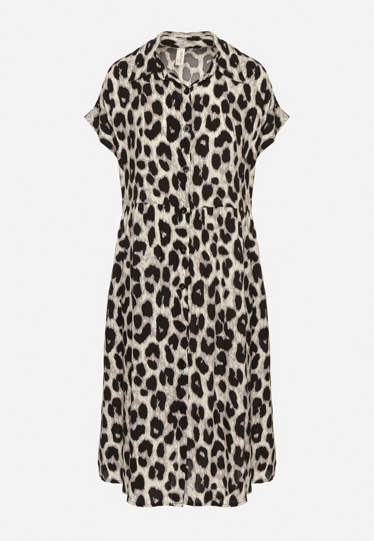 defox Rochie Bej-Neagră Din bumbac Croială tip cămașă Cu buzunare Leopard Iffanea