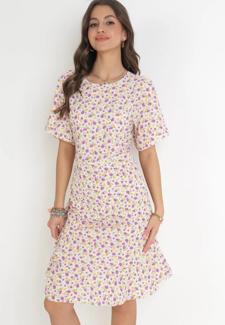 defox Rochie Bej tip cutie cu imprimeu floral și volane Temrance
