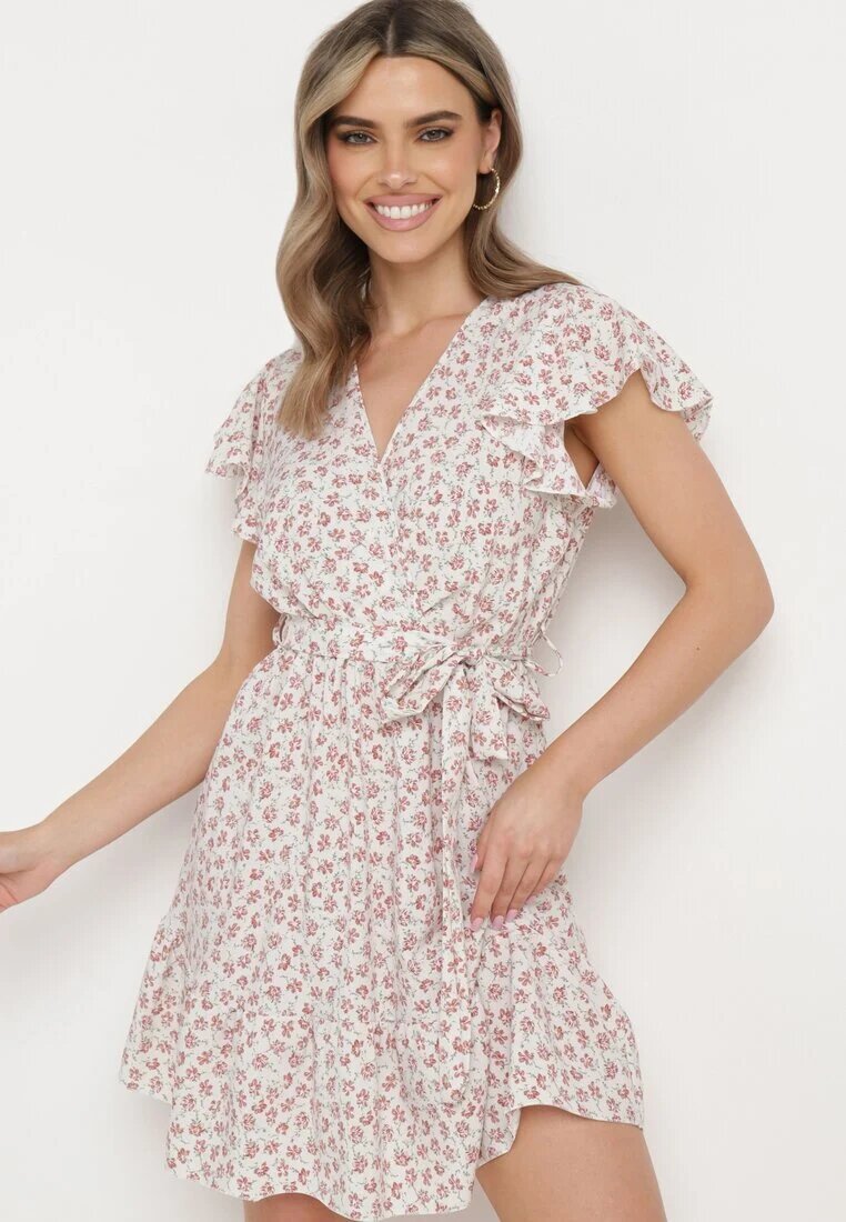 defox Rochie Bej-Violet cu Flori cu Elastic în Talie și Curea din Material Decorată cu Volan Monnesa
