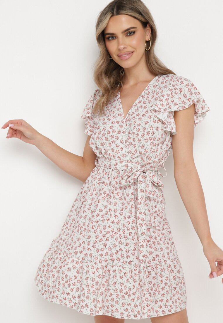 defox Rochie Bej-Violet cu Flori cu Elastic în Talie și Curea din Material Decorată cu Volan Monnesa