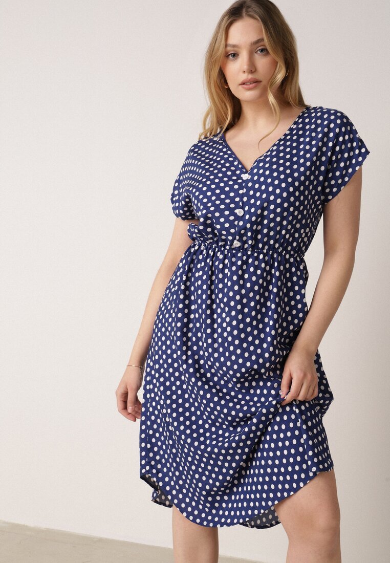 defox Rochie bleu-marin din bumbac cu elastic în talie și volănaș Romilla