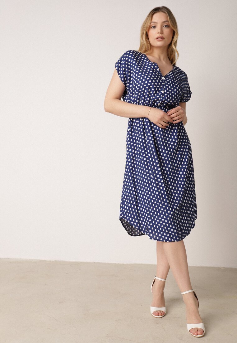 defox Rochie bleu-marin din bumbac cu elastic în talie și volănaș Romilla