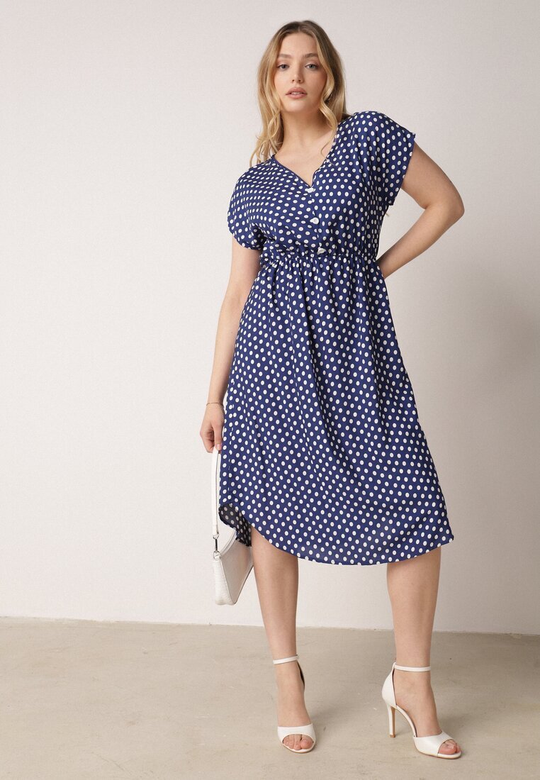 defox Rochie bleu-marin din bumbac cu elastic în talie și volănaș Romilla