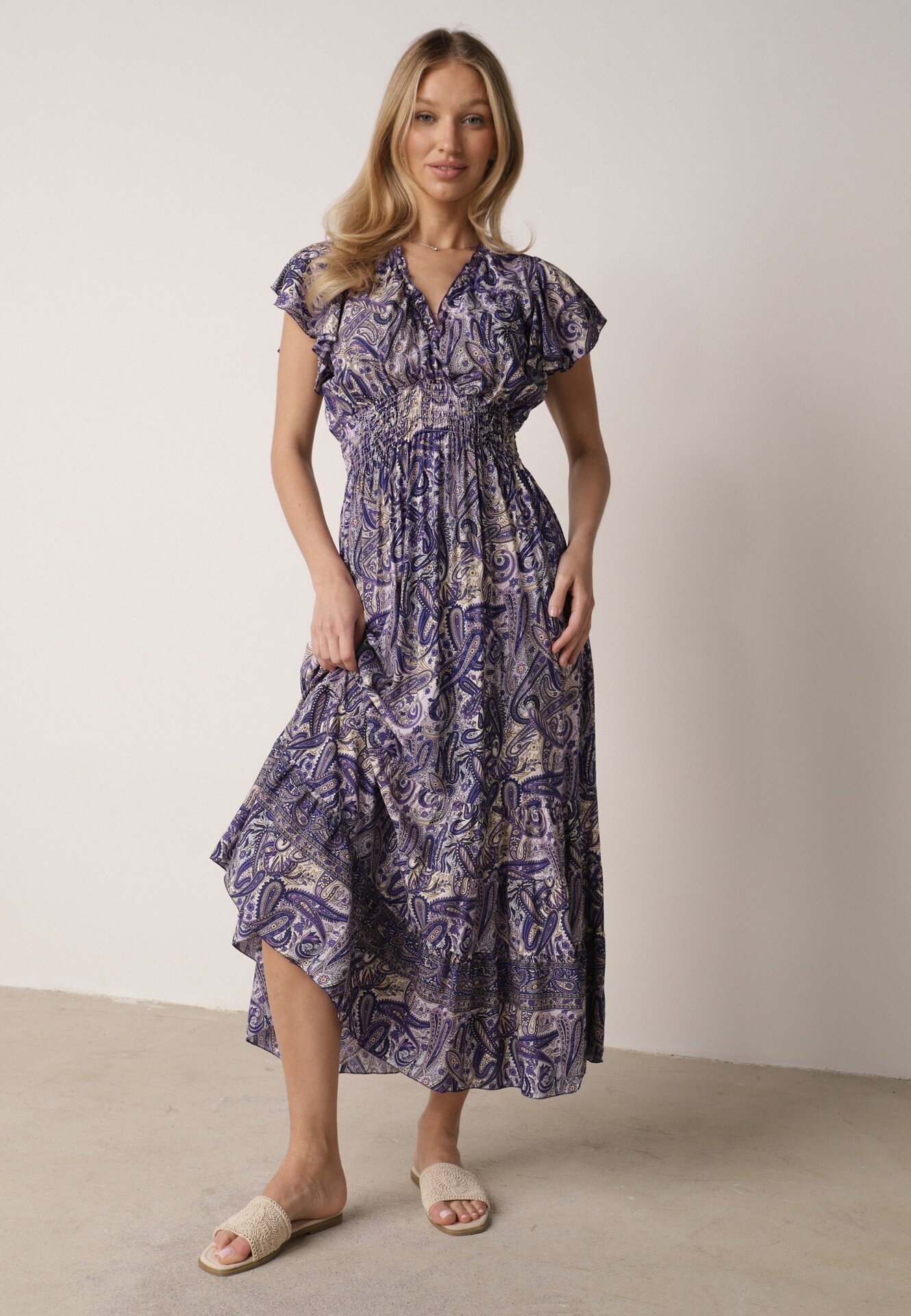 defox Rochie Bleumarin Cloș Petrecută din Bumbac cu Imprimeu Paisley cu Elastic în Talie Zonne