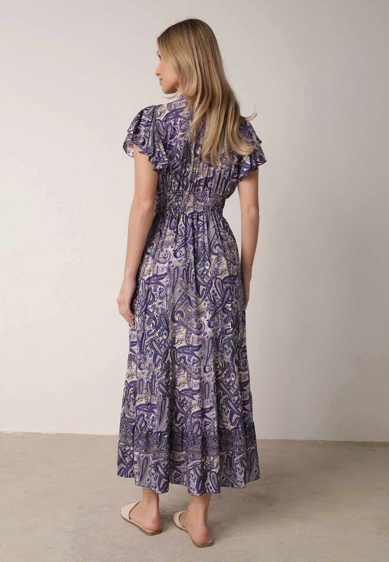 defox Rochie Bleumarin Cloș Petrecută din Bumbac cu Imprimeu Paisley cu Elastic în Talie Zonne