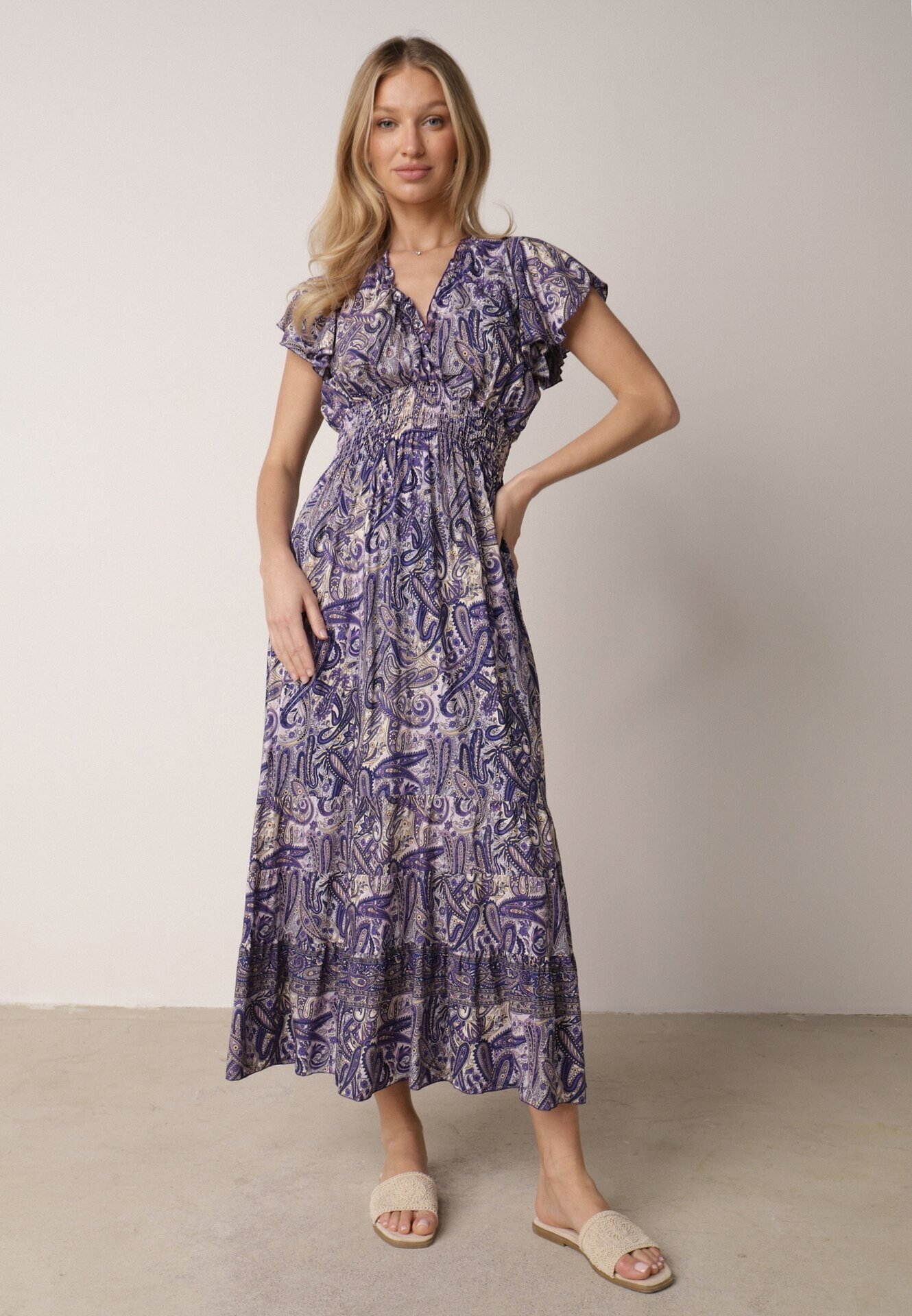 defox Rochie Bleumarin Cloș Petrecută din Bumbac cu Imprimeu Paisley cu Elastic în Talie Zonne