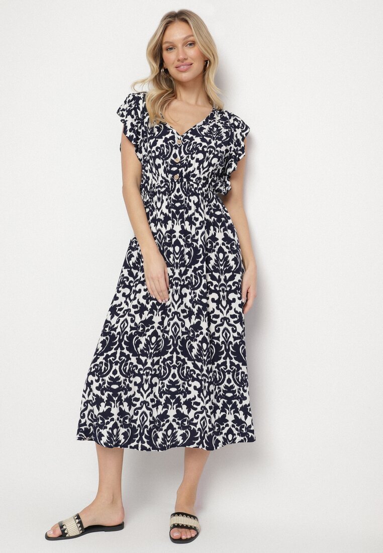defox Rochie Bleumarin din bumbac cloș cu volane cu imprimeu ornamental Zaliette