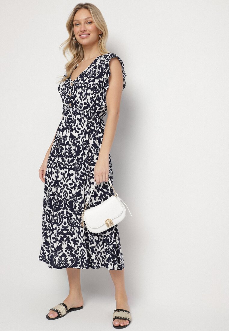 defox Rochie Bleumarin din bumbac cloș cu volane cu imprimeu ornamental Zaliette