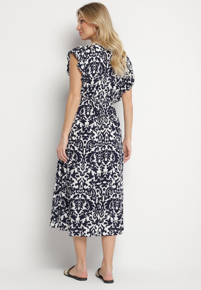defox Rochie Bleumarin din bumbac cloș cu volane cu imprimeu ornamental Zaliette