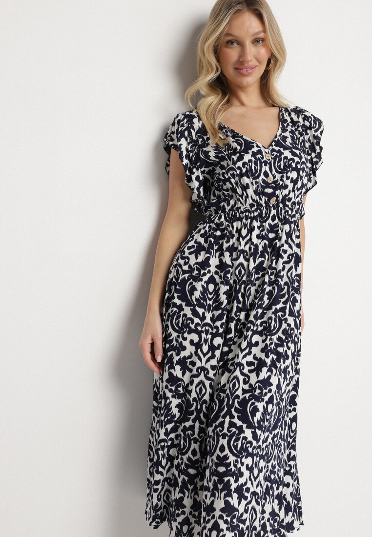 defox Rochie Bleumarin din bumbac cloș cu volane cu imprimeu ornamental Zaliette