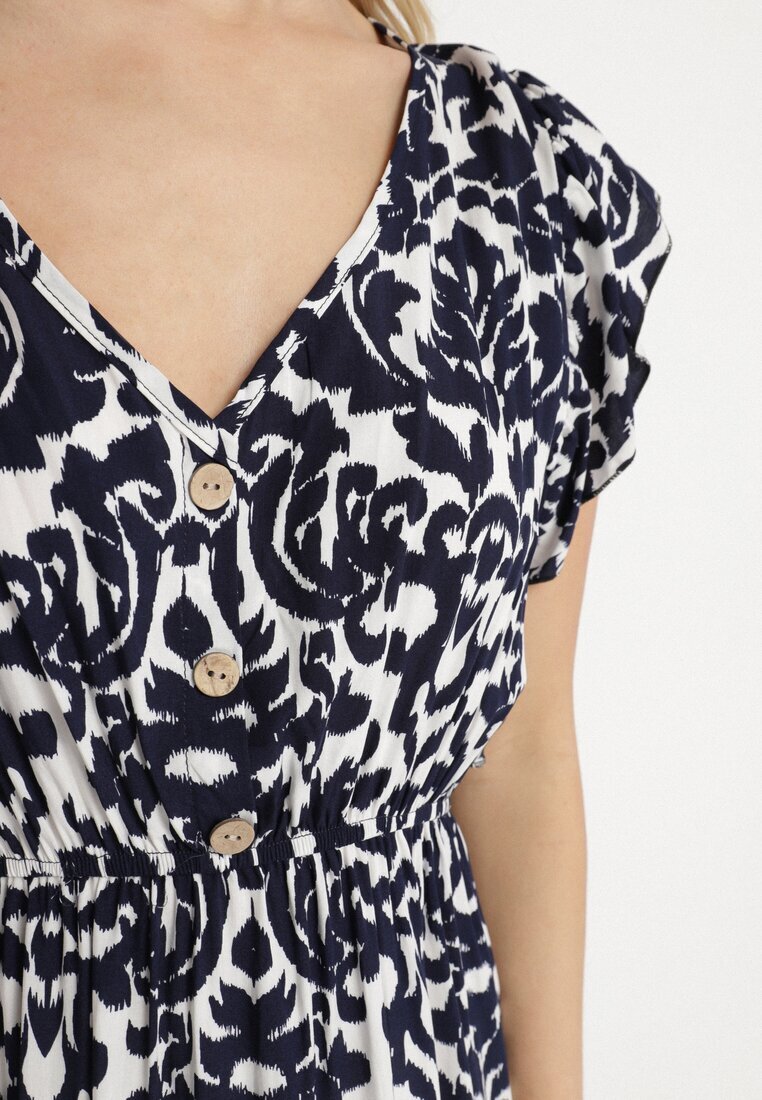defox Rochie Bleumarin din bumbac cloș cu volane cu imprimeu ornamental Zaliette
