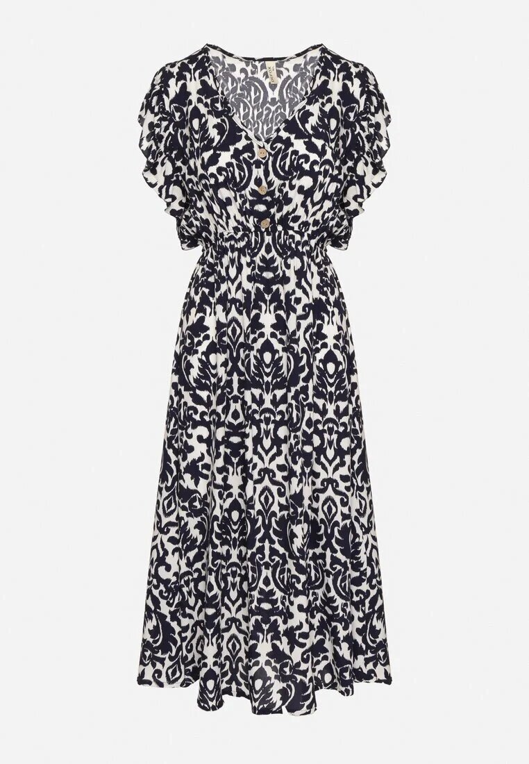 defox Rochie Bleumarin din bumbac cloș cu volane cu imprimeu ornamental Zaliette